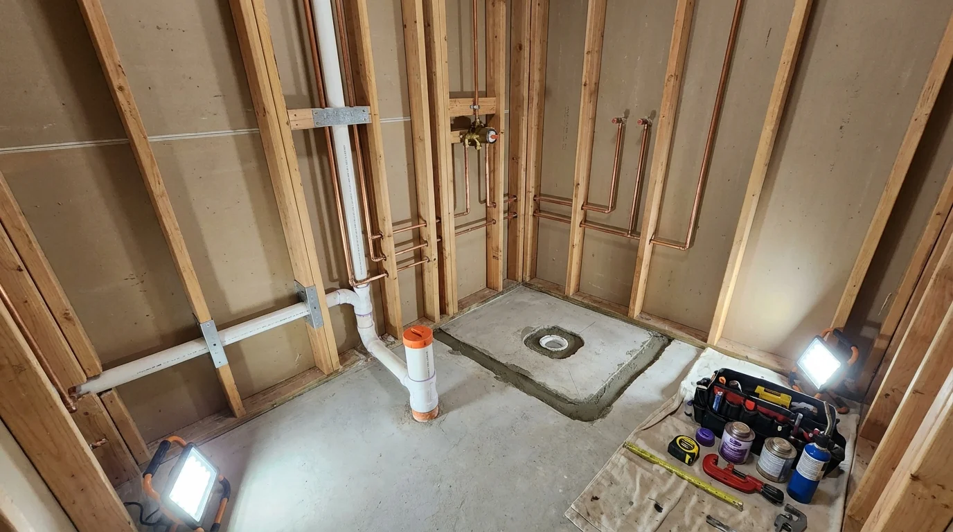 Bathroom rough-in plumbing during remodel by Johns Plumbing LLC in Gifford