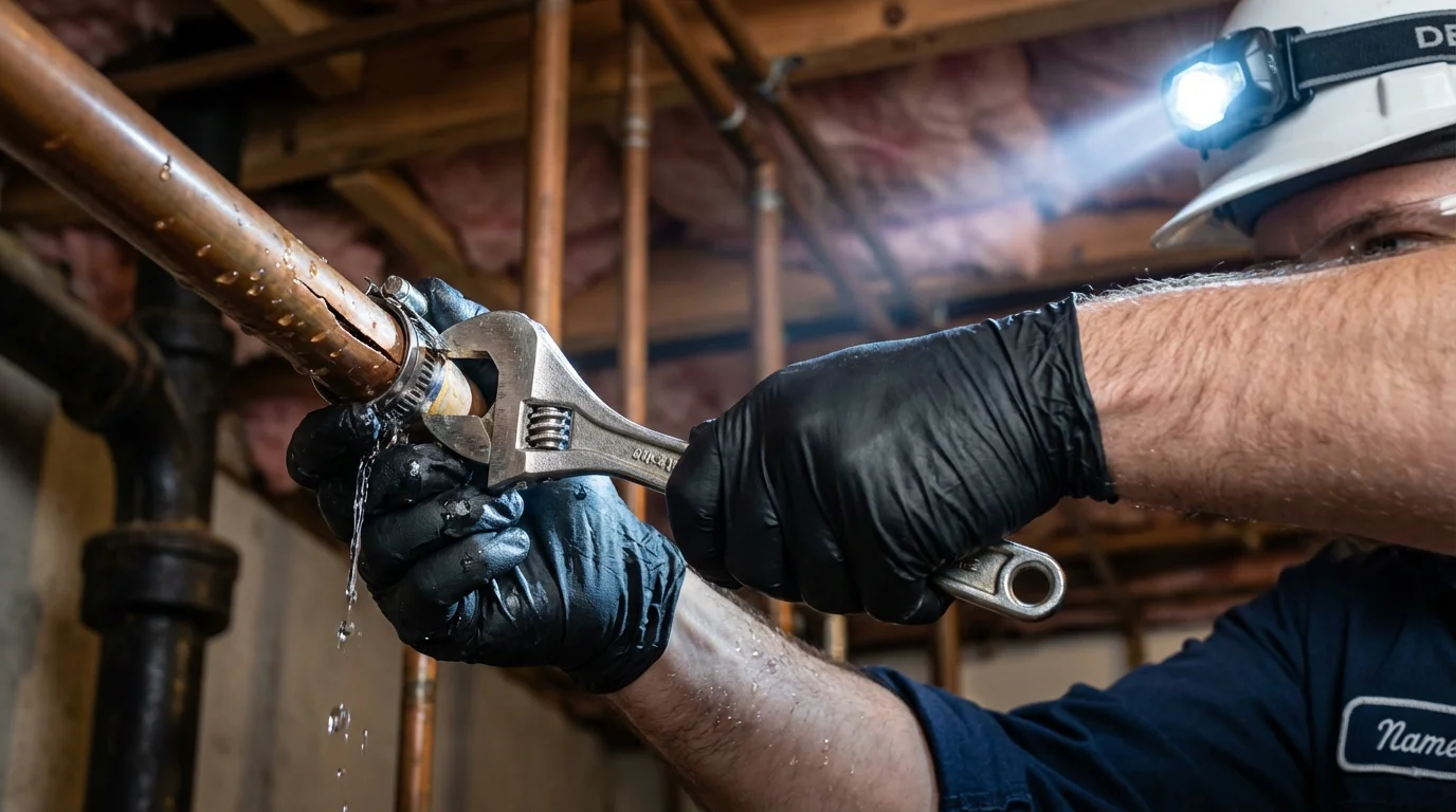 Emergency pipe clamp repair being performed by a Johns Plumbing LLC plumber in Gifford