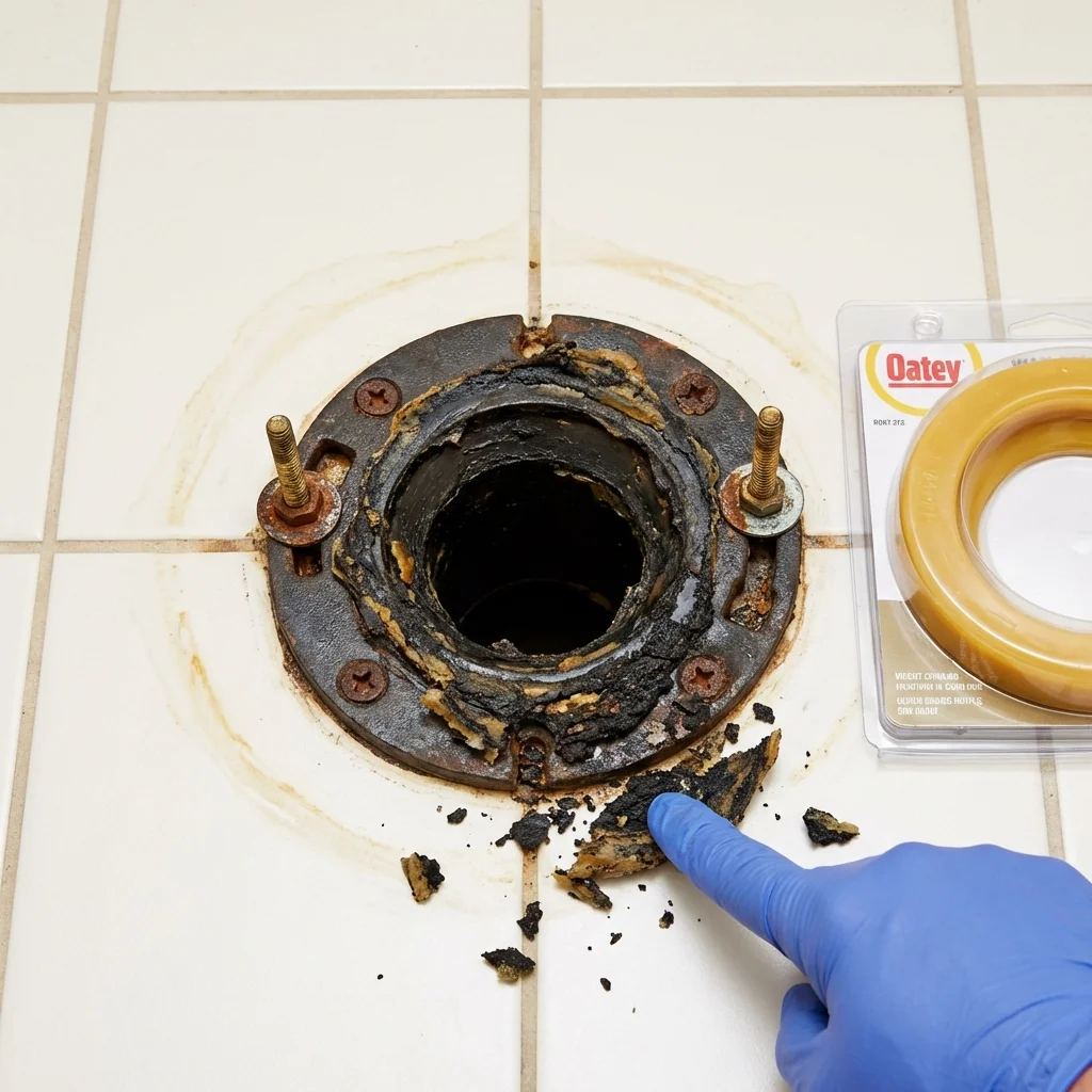 Failed wax ring showing water seepage at the base of a toilet in a Gifford, IL home