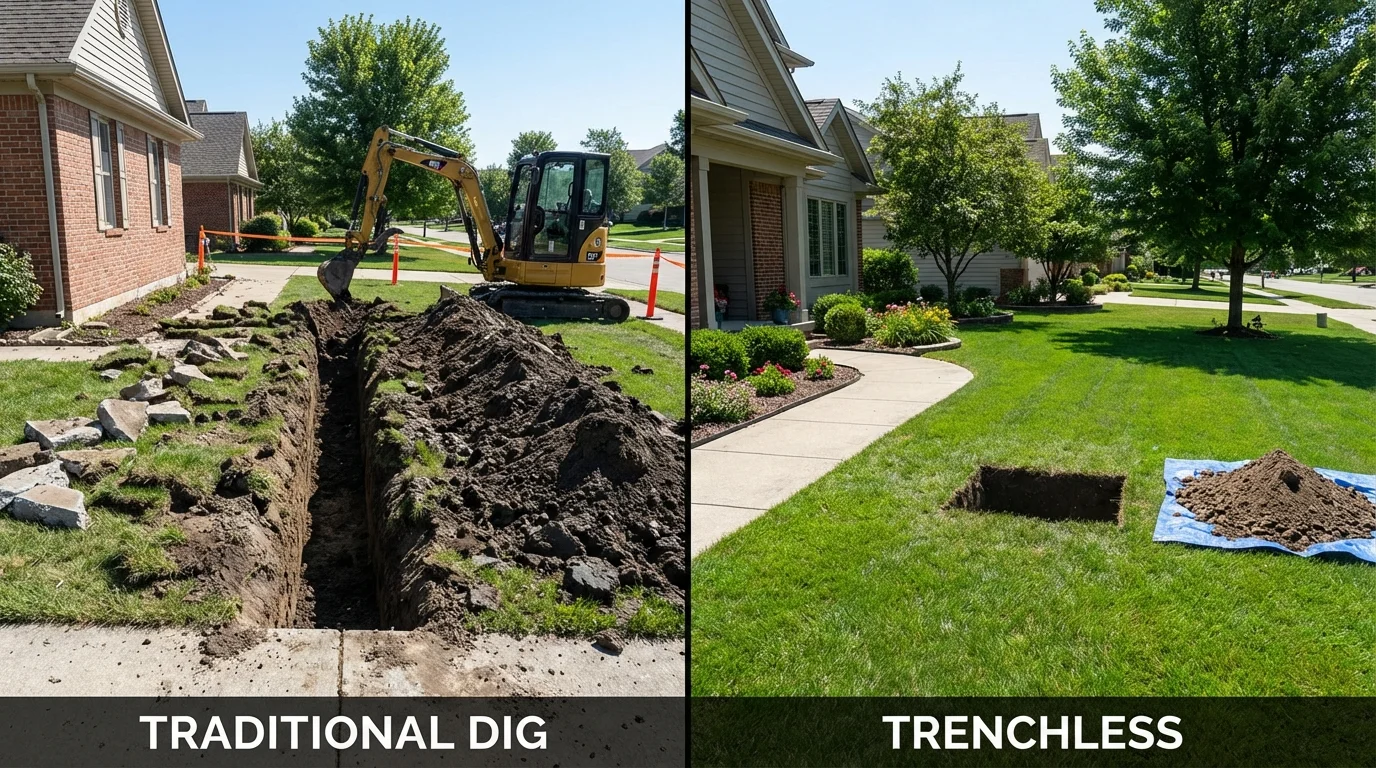Trenchless sewer repair with minimal yard damage versus traditional excavation in Gifford, IL