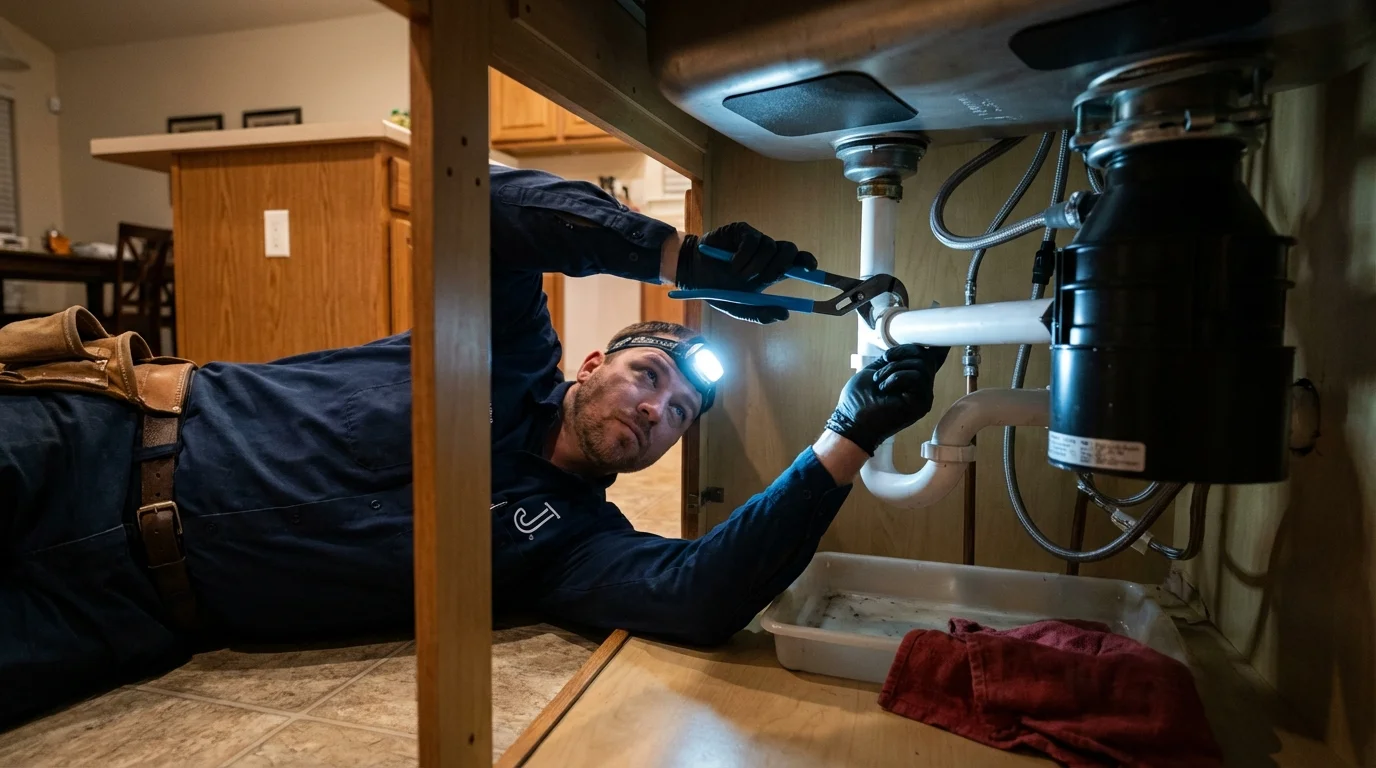 P-trap and supply line connections under a kitchen sink showing a common leak point in Gifford, IL